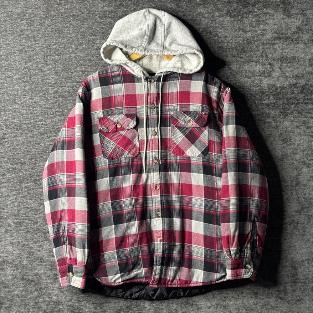 Wrangler Authentics Mens Red Black Plaid Quilted Lined Hooded Flannel Jacket M